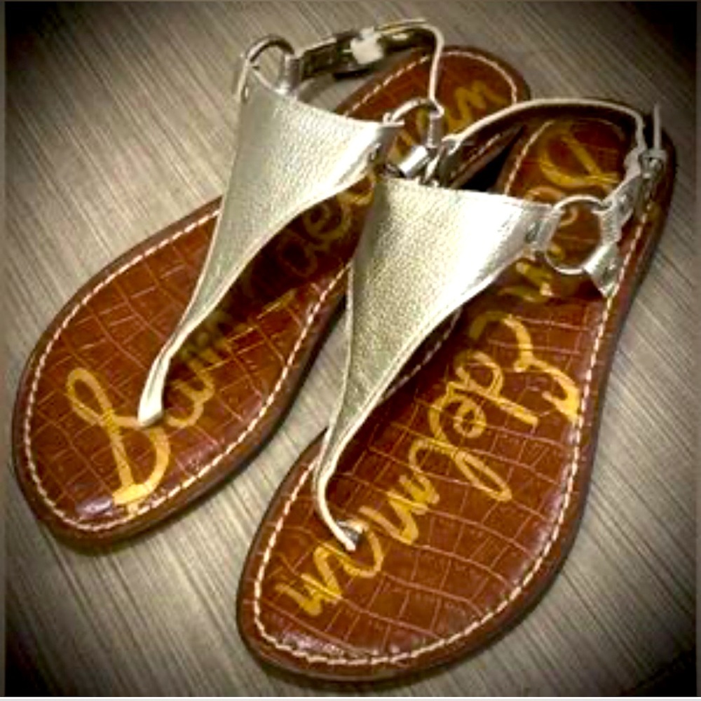 Sam Edelman Greta Shimmer silver T-Strap Toe Post O-Ring Sandals Flats Women's 7